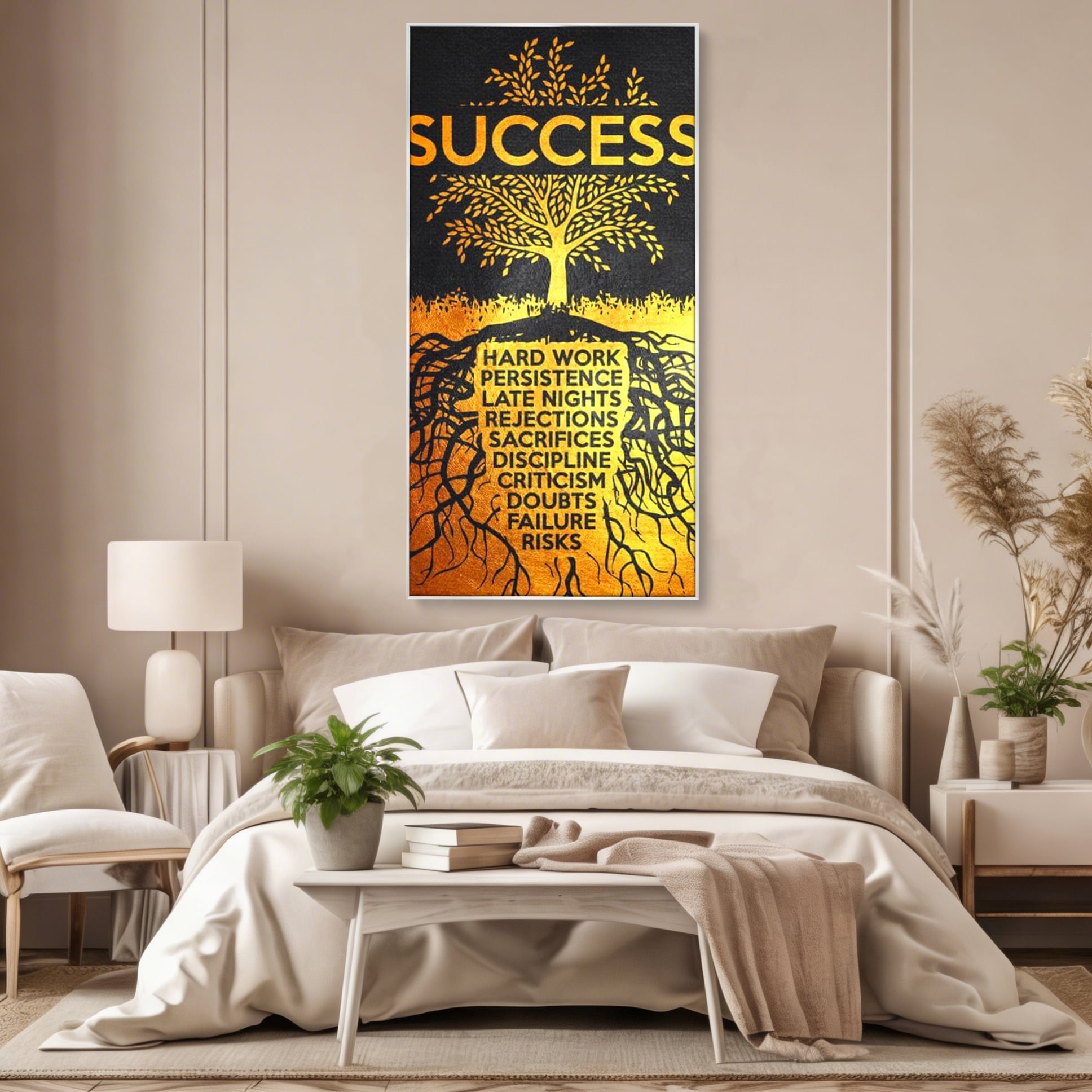 Tablou canvas cu tablou motivational cu arborele succesului, in rama de aluminiu argintiu, pe perete intr-un dormitor